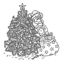 Дед Мороз раскладывает подарки под ёлкой