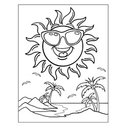 Раскраска Солнце в солнечных очках над пляжем