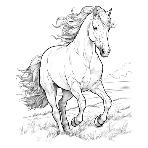 Раскраска Лошадь бежит по лугу