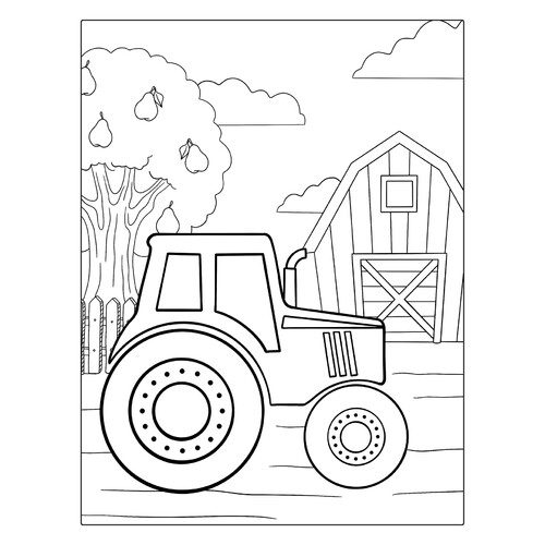 Раскраска Простой трактор возле груши