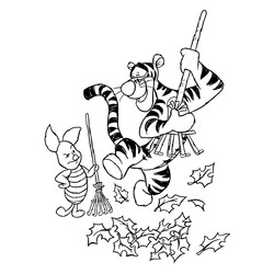 Раскраска Тигра и Пятачок убирают листья