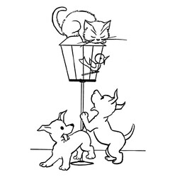 Раскраска Кот и собаки играют