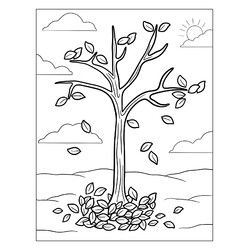 Раскраска Голое дерево осенью с опадающими листьями