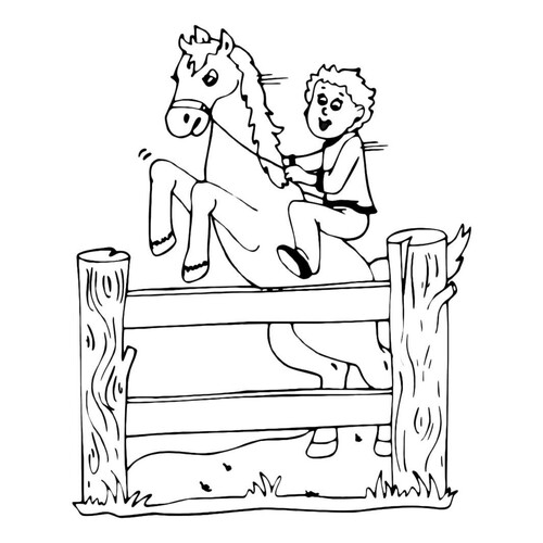 Раскраска Лошадь прыгает через заборчик