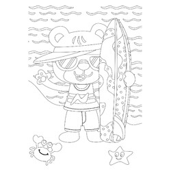 Раскраска Мишка с доской для серфинга