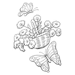 Раскраска Корзина цветов и бабочки