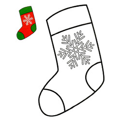 Раскраска Рождественский носок со снежинкой с цветным образцом