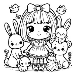 Раскраска Кукла с милыми животными