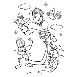 Раскраска Снегурочка с птичками и зайчиками