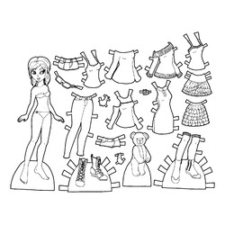 Раскраска Бумажная кукла с одеждой для вырезания с оборками и молниями