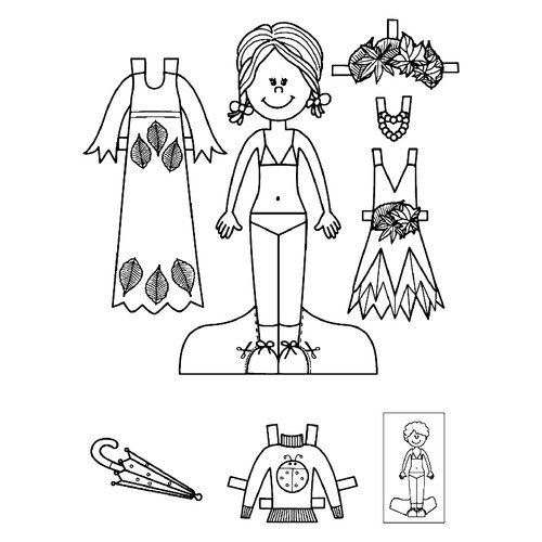 Раскраска Бумажная кукла для малышей Катя с осенними нарядами