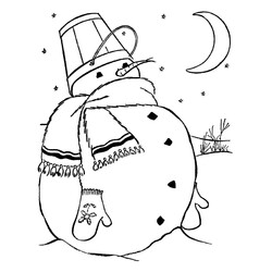 Раскраска Снеговик в теплом шарфике в лунном свете