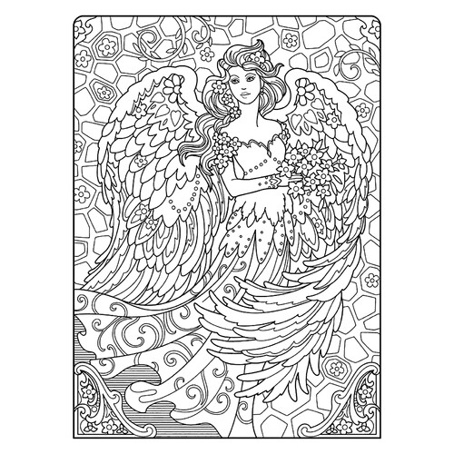 Раскраска Ангел с красивыми крыльями и с цветами