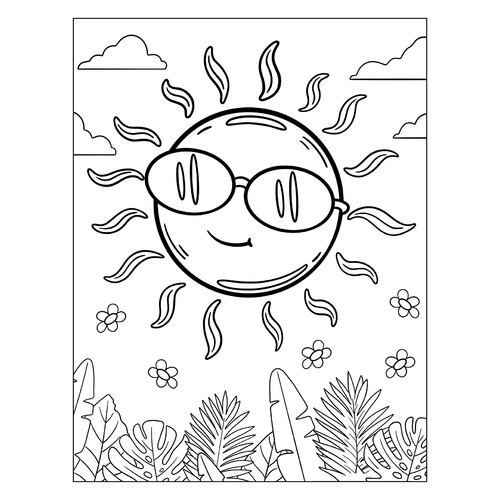Раскраска Солнышко в очках над джунглями