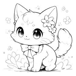Раскраска Аниме котёнок с бантиком