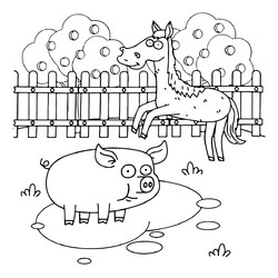 Раскраска Свинья и лошадь из Синего Трактора