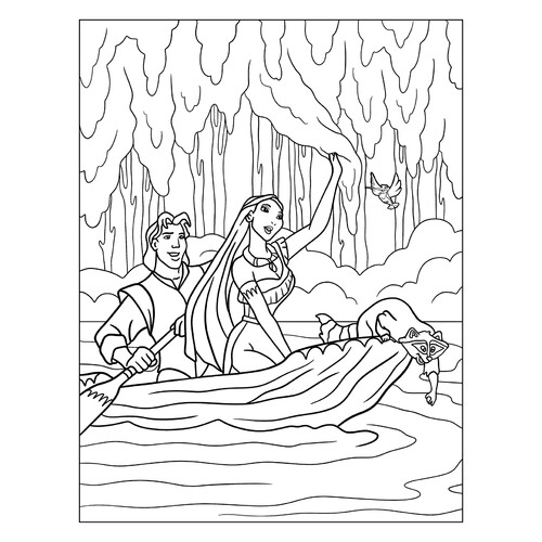 Раскраска Покахонтас и Джон на каноэ