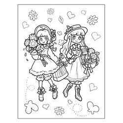 Раскраска Аниме девочки с весенними цветами