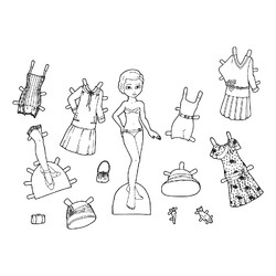 Раскраска Бумажная кукла с винтажной одеждой для вырезания