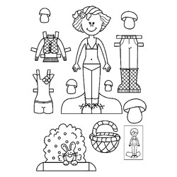 Раскраска Бумажная кукла для малышей Мила с зайчиком и грибами