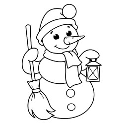 Раскраска Снеговик с метлой и фонариком
