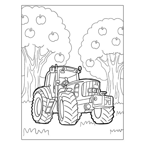 Раскраска Трактор возле яблонь