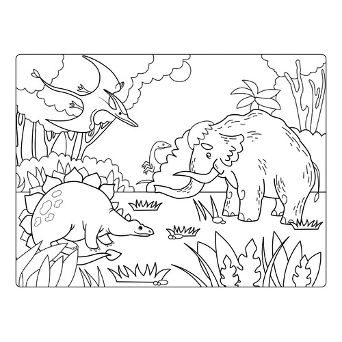 Раскраска Доисторический мохнатый мамонт и динозавры