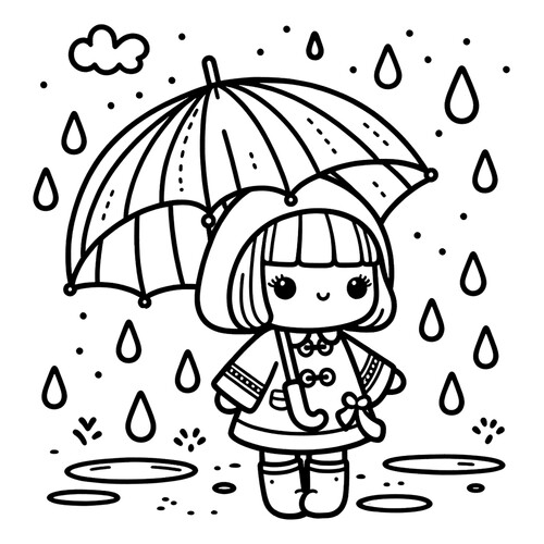 Раскраска Кукла с зонтиком под дождём