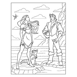 Раскраска Покахонтас с питомцами и Джон Смит