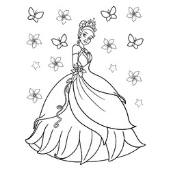 Раскраска Принцесса Тиана в пышном платье