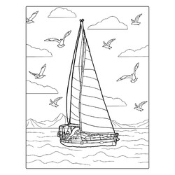 Раскраска Парусная лодка и чайки