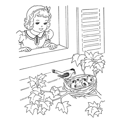 Раскраска Птенцы в гнезде под окном девочки
