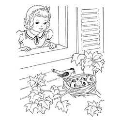 Раскраска Птенцы в гнезде под окном девочки