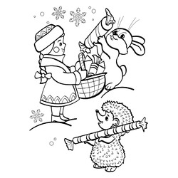 Раскраска Снегурка, зайчик и ёжик