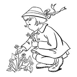 Раскраска Девочка собирает весенние цветы
