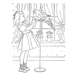 Раскраска Девочка учит попугая разговаривать