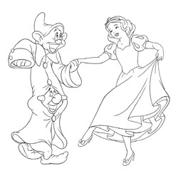 Раскраска Принцесса Белоснежка танцует с гномами