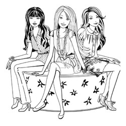 Раскраска Барби на лавочке с подружками