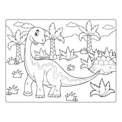 Раскраска Мультяшный большой динозавр с яйцами