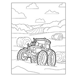 Трактор на поле с рулонами сена