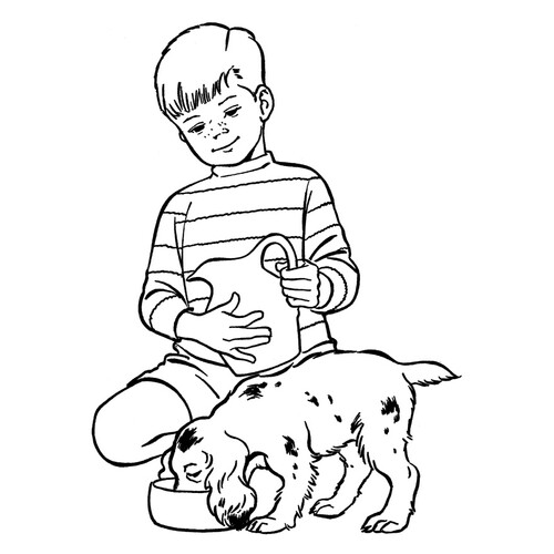 Раскраска Мальчик кормит свою собаку