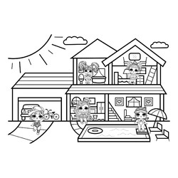 Раскраска ЛОЛ дом с гаражом и бассейном