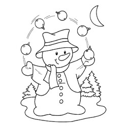 Раскраска Снеговик играет с елочными шарами