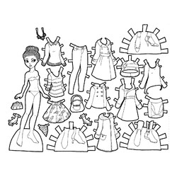 Раскраска Чёрно-белая бумажная кукла с осенними нарядами