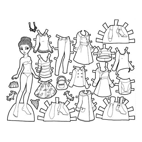 Раскраска Чёрно-белая бумажная кукла с осенними нарядами