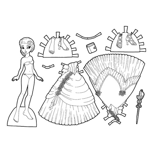 Раскраска Бумажная кукла с бальными платьями