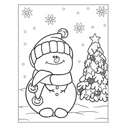 Раскраска Снеговик сидит рядом с ёлкой
