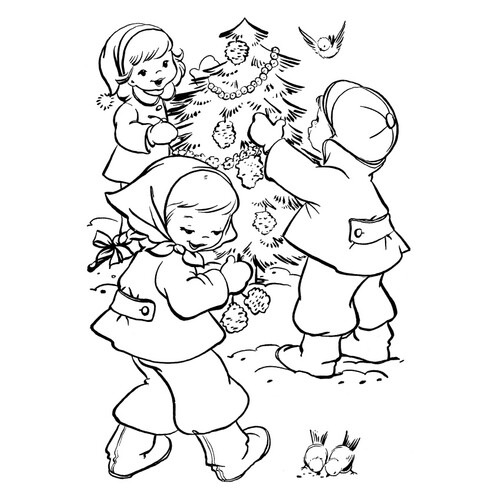 Раскраска Две девочки и мальчик украшают елку