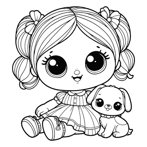 Раскраска Кукла малышка с собачкой