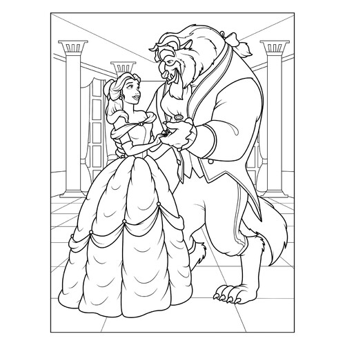 Раскраска Принцесса Белль и Чудовище держатся за руки